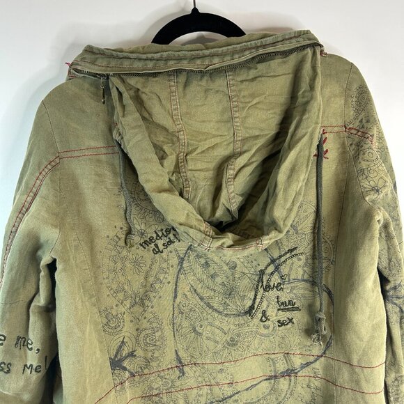 Desigual Embroidered Distressed Green Hooded Jacket Sz M Eclectic Edgy Artsy - Picture 5 of 16